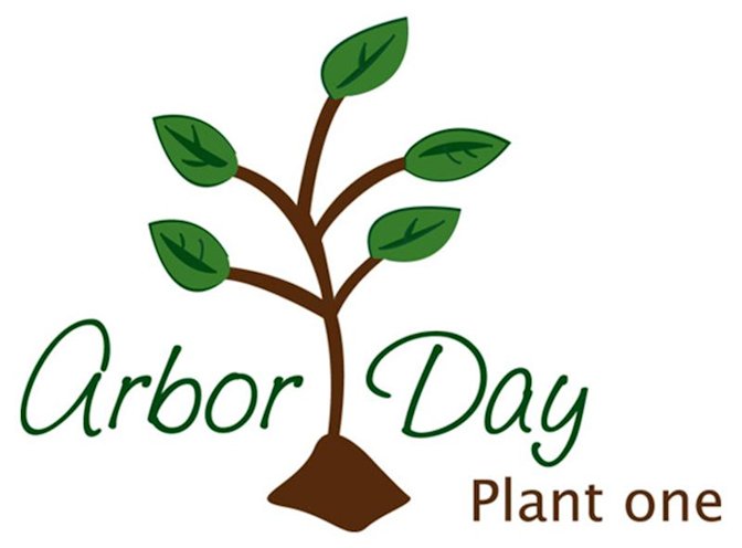 Clip art of sapling with script text Arbor Day (words on either side of tree). Text at bottom reads Plant One