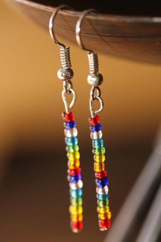 Beaded earrings with rainbow colored seed beads