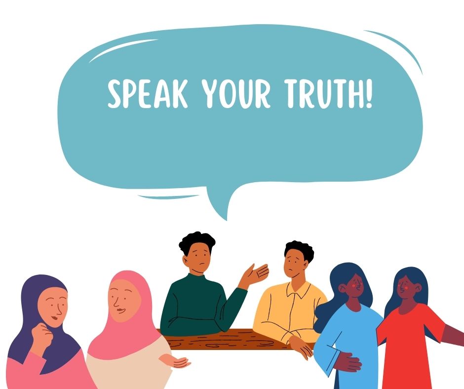 Clip art of multicultural group talking. Speech bubble says "Speak your truth!"