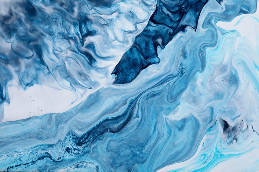 Blues and whites create wave painting.