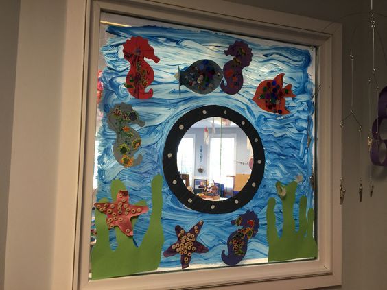 A window painted to look like an ocean.