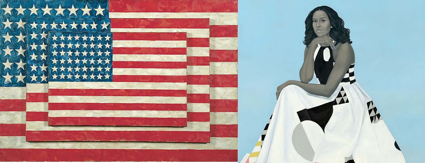 2 examples of American artists. On left, Jasper Johns US flag painting. On right, Amy Sherman painting of Michelle Obama.