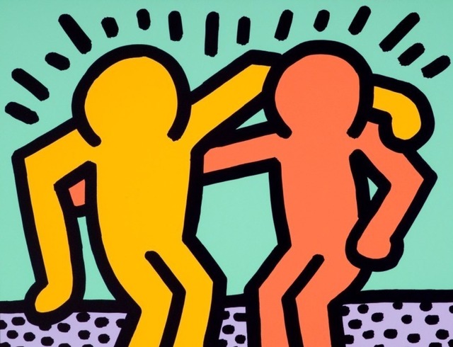 Image of Keith Haring art with 2 people hugging.