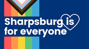 A rainbow flag on left with text reading "Sharpsburg is for everyone."