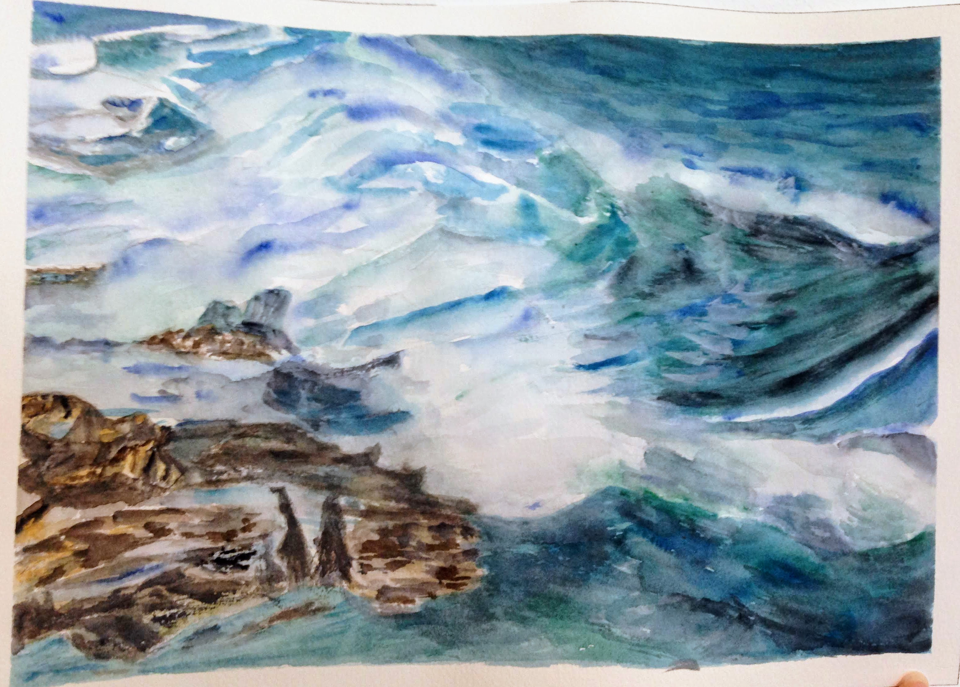 A watercolor seascape with waves crashing.