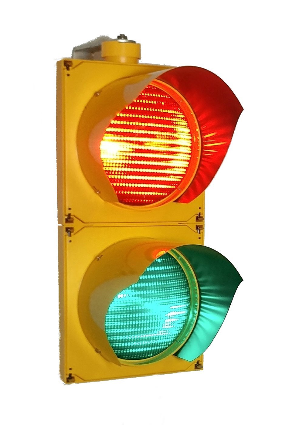 A traffic signal with red and green lights.