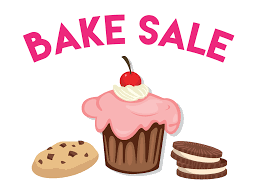 Clip art of cookies and cupcake with text reading Bake Sale.