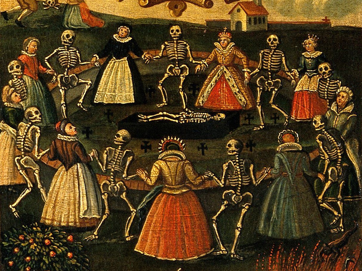 Medieval art depicting peasants dancing in circle with skeletons.
