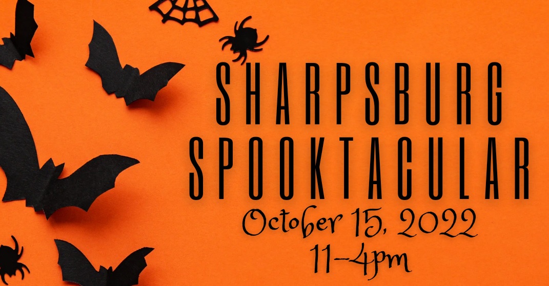 Bats and spiders on orange background with text reading Sharpsburg Spooktacular. 