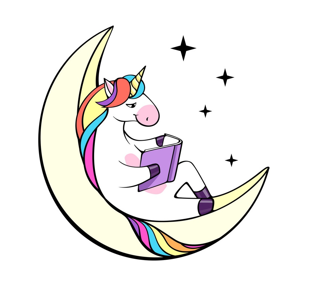 Rainbow-mane unicorn reading book on crescent moon.