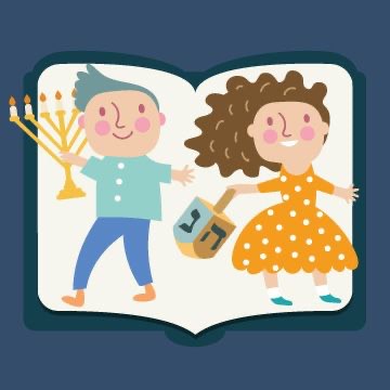 Two people smiling as they hold a dreidel and lit menorah for Chanukah.