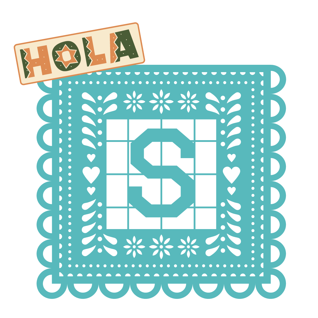 Blue papel picado with an "S" in the center. The word "hola" is scrolled at the top left.
