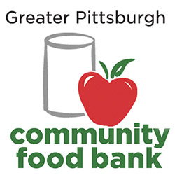 Logo of Greater Pittsburgh Community Food Bank, features text with name, plain white can on left, red apple on right.