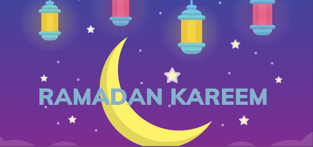 Lanterns and moon in a starry sky with the words Ramadan Kareem