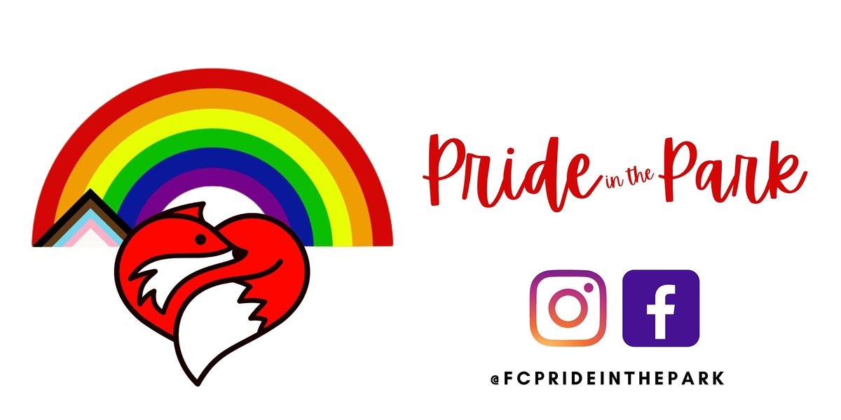 FC Pride logo (a heart-shaped fox under an inclusive rainbow) with text reading Pride in the Park. Instagram and Facebook logos and hashtag below.