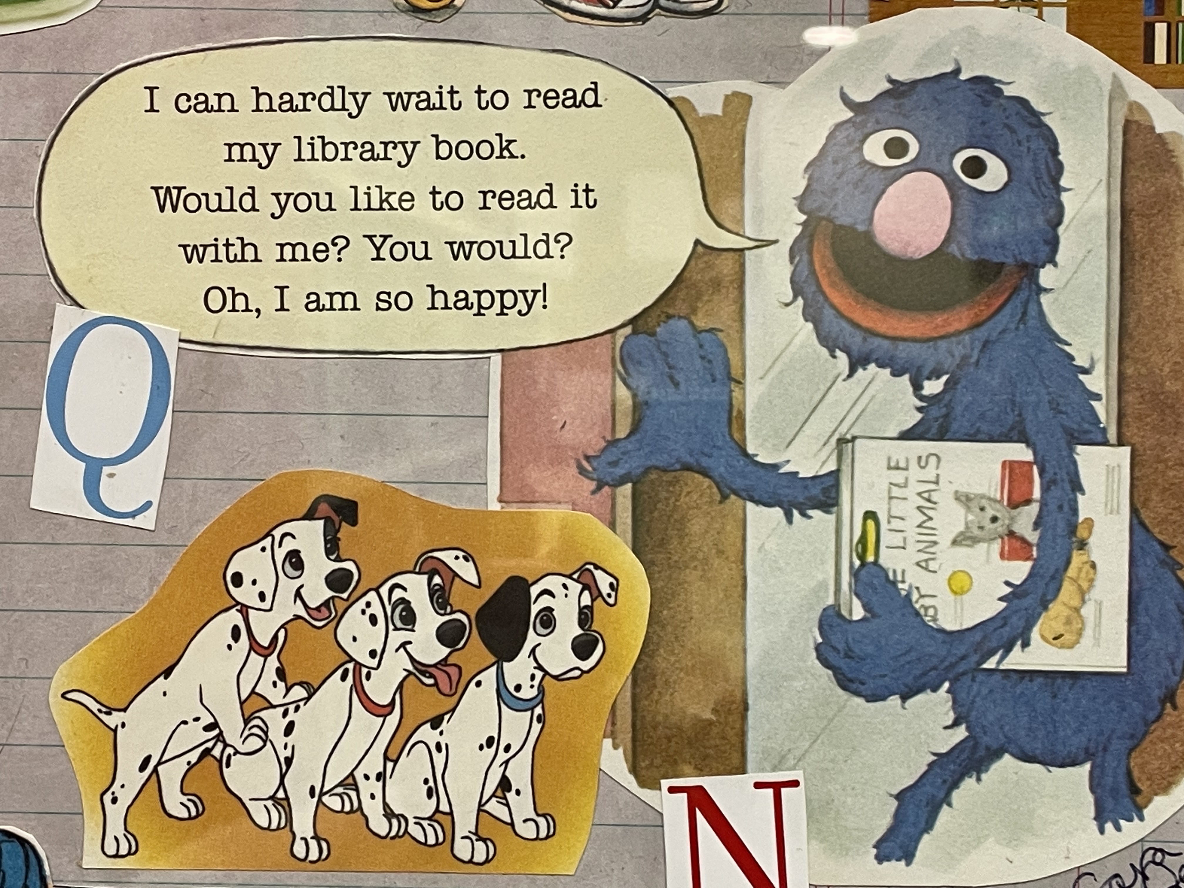 A collage featuring Grover from Sesame Street with a speech bubble saying "I can hardly wait to read my library book. Would you like to read it with me? You would? Oh, I am so happy!"
