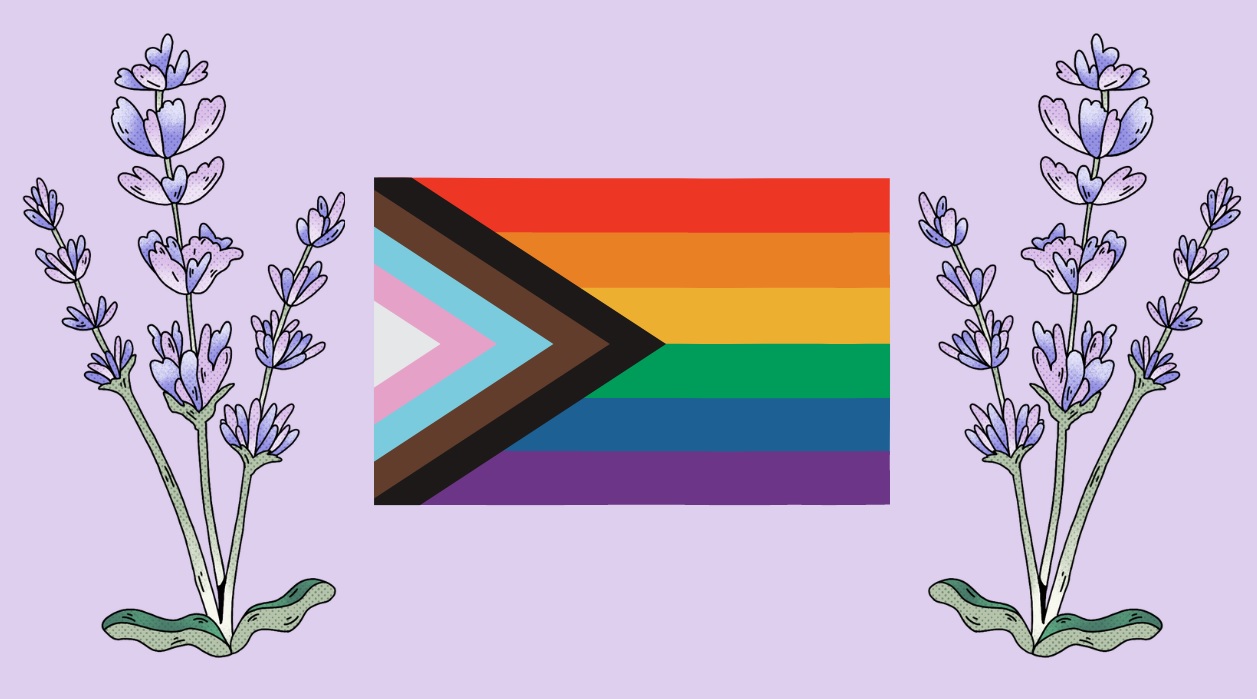 A progress pride flag in between two sprigs of lavender.
