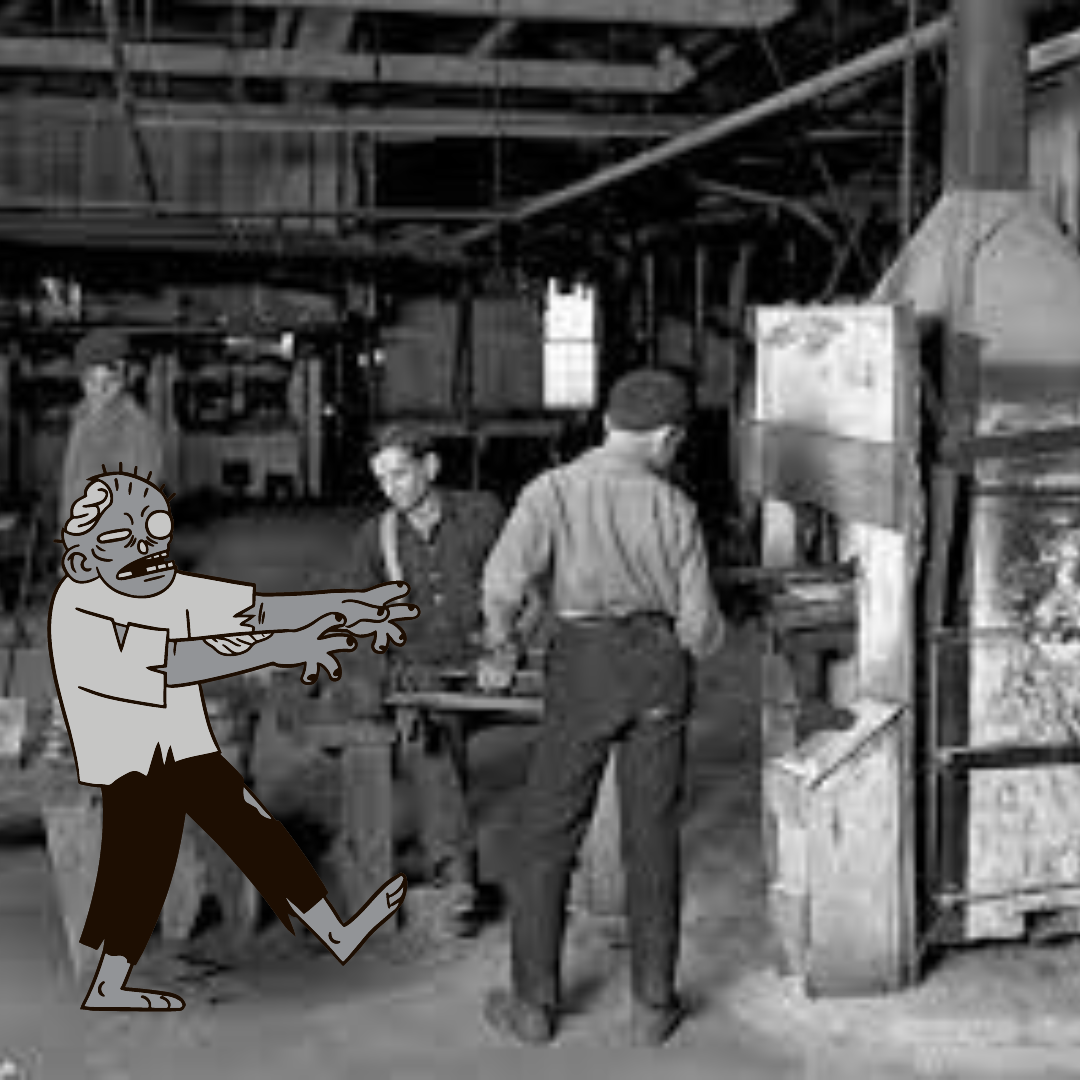Historical photo of Sharpsburg assembly line with zombie photoshopped into picture