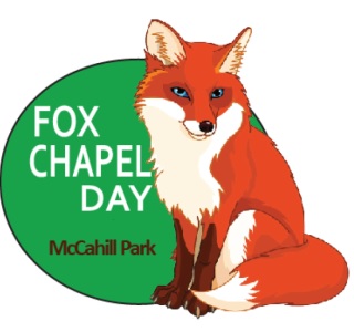 A red fox to the right of a green circle. Text on the circle reads "Fox Chapel Day, McCahill Park."