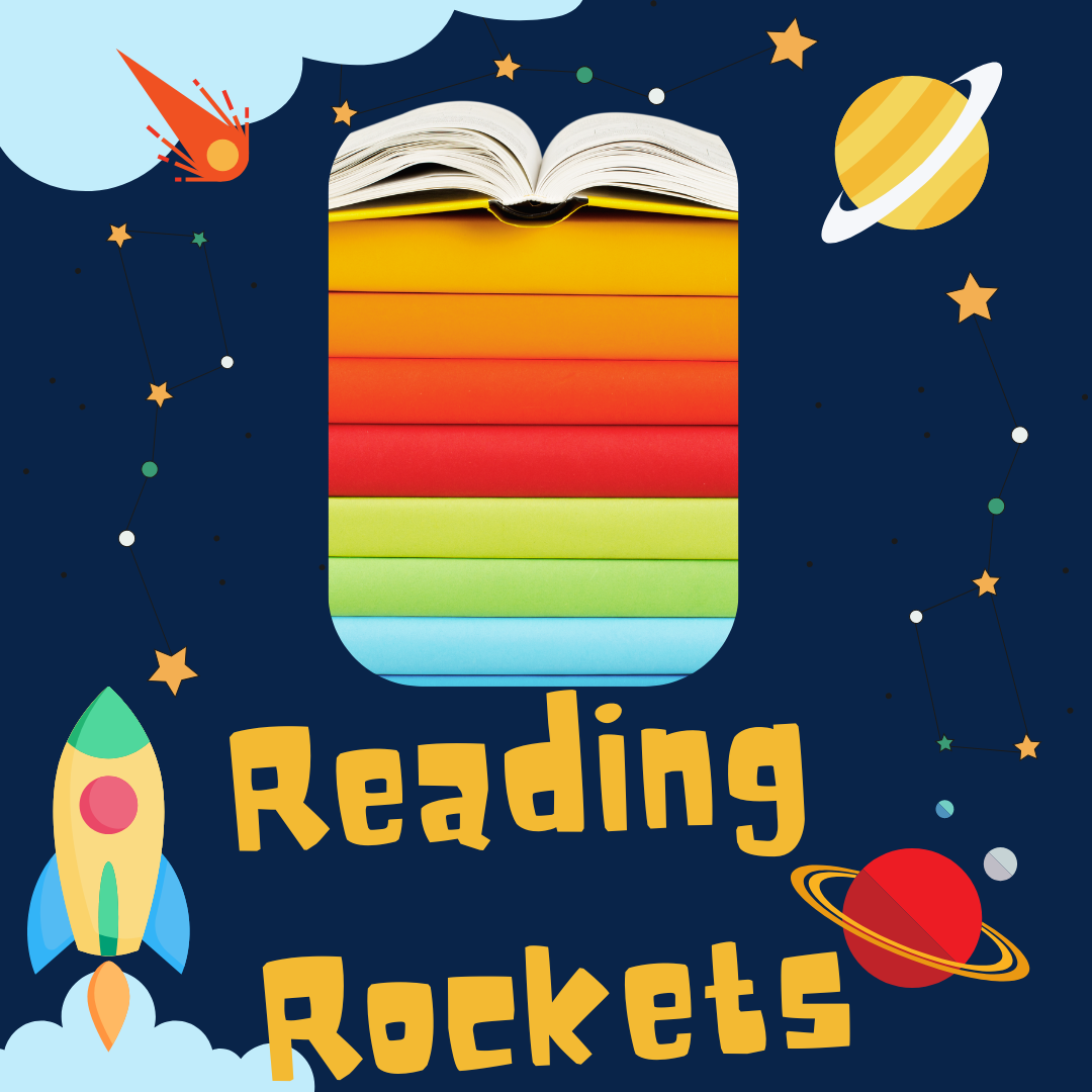 Rainbow stack of books with a space background.