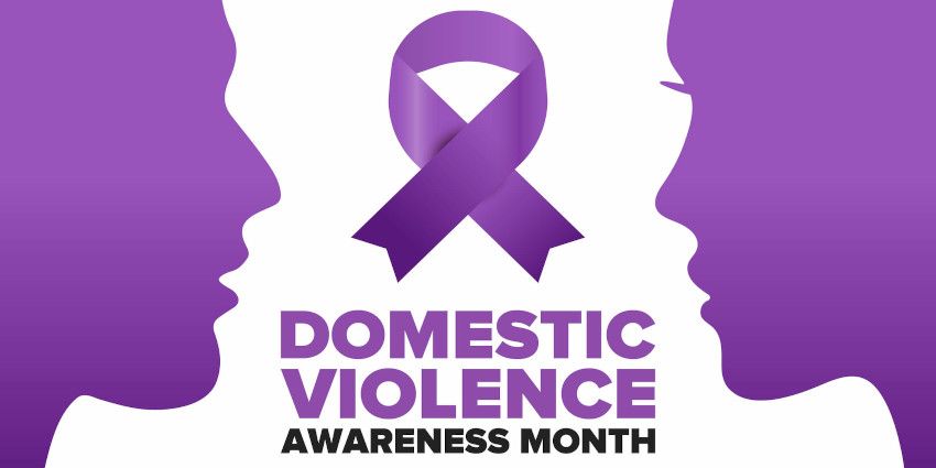 Purple silhouettes of man (left) and woman (right) with purple ribbon in center. Text reads Domestic Violence Awareness Month.