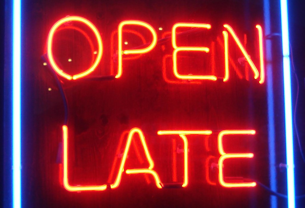 Neon sign reading Open Late