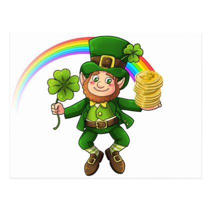 Image of a leprechaun holding a shamrock and gold coins