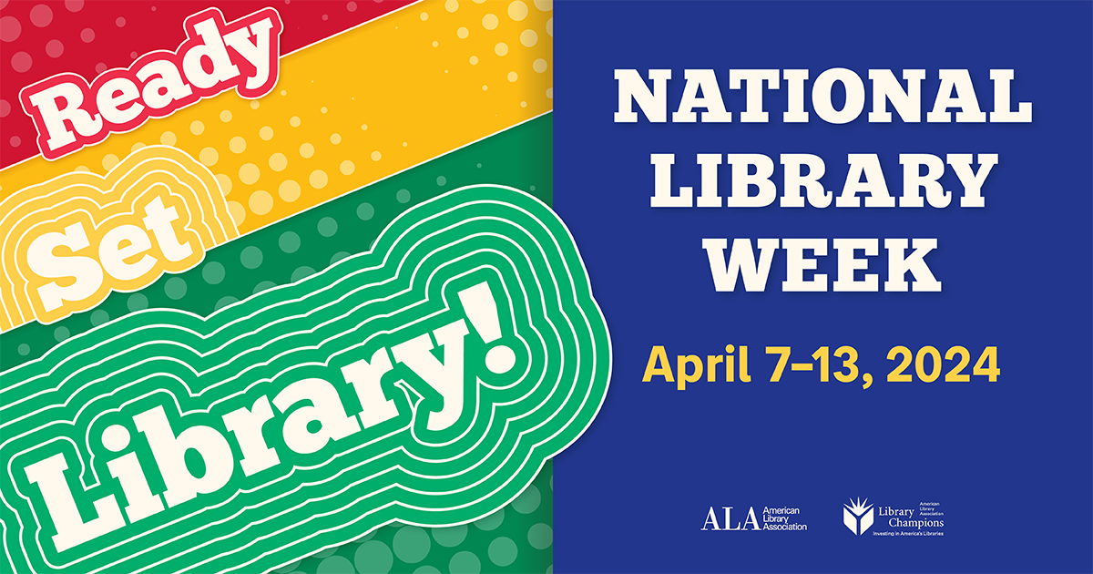 National Library Week graphic in red, yellow, green and blue.