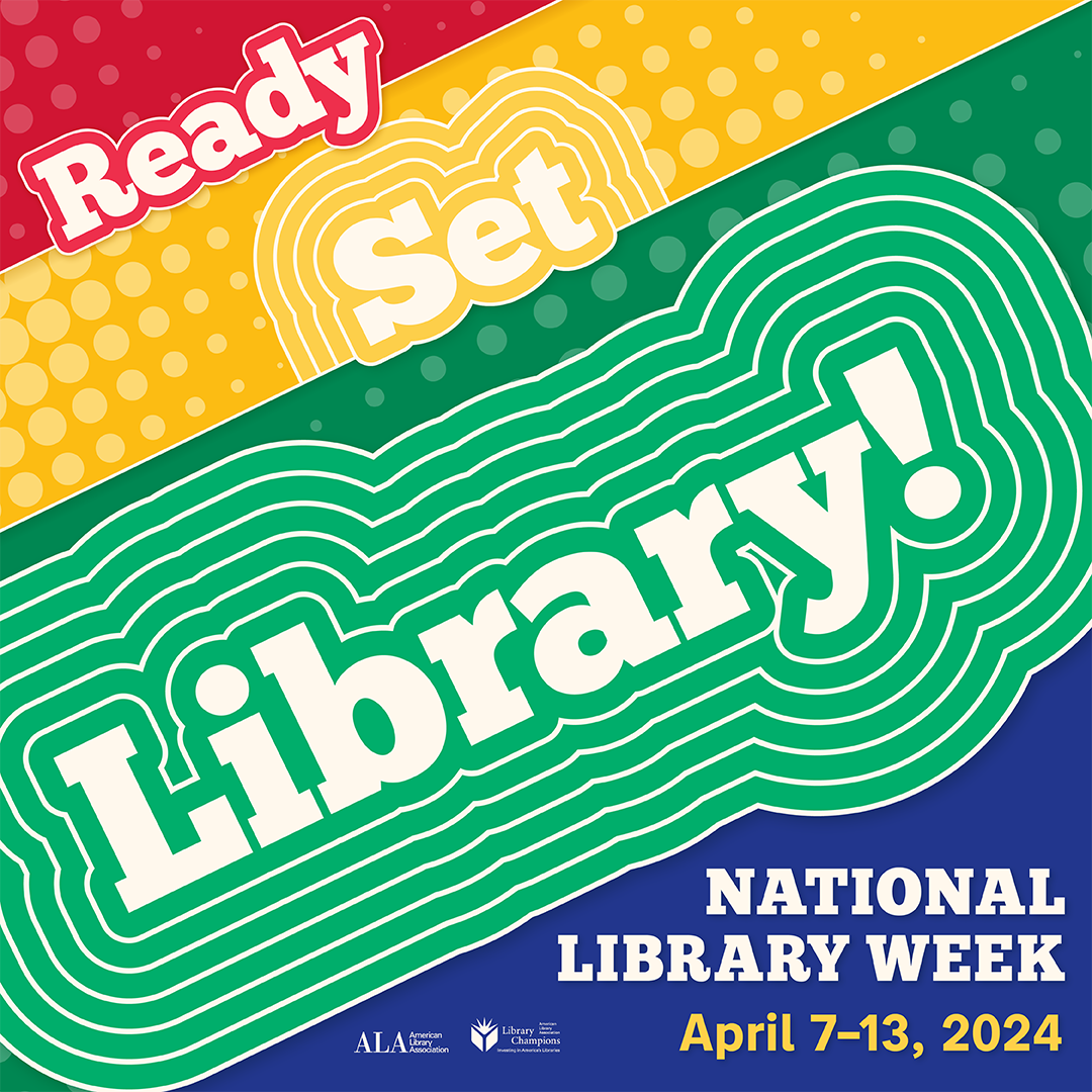 Ready, Set, Library! graphic in red, yellow, green and blue