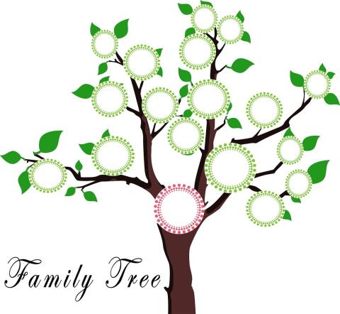 Drawing of a tree with circles for family info. Script on left says Family Tree.