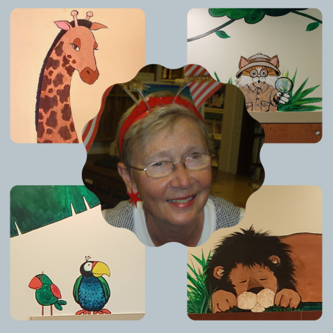 A smiling photo of Kris Niemann wearing red star earrings and a festive headband is collaged over 4 images from the new mural. The images are of a giraffe, cat wearing a safari outfit, 2 colorful birds, and a sleeping lion.