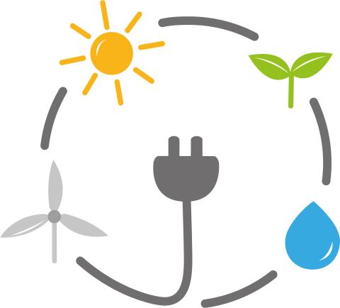 Energy cycle: A plug leads to wind, solar, bio, and hydro energy.