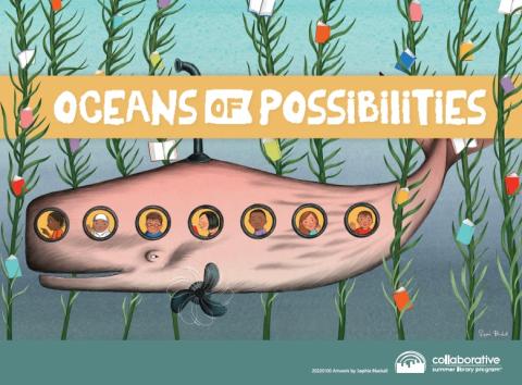 A whale submarine with multicultural passengers. Text reads "Ocean of possibilities."