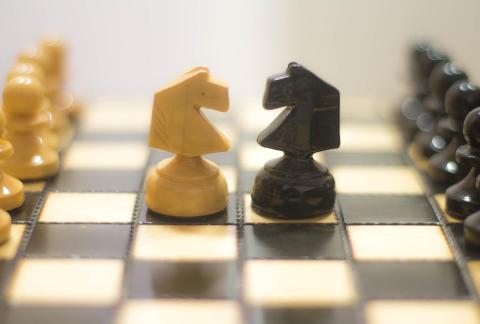 Two chess pieces, a white knight and a black knight face each other on a chess board.