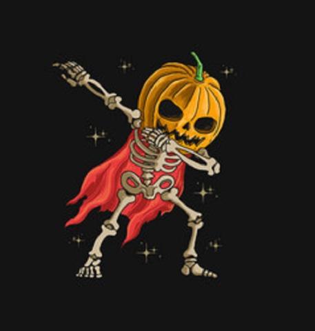 Drawing of dabbing skeleton wearing cape and jack-o-lantern head.