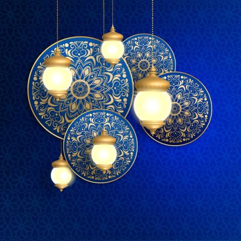 Lanterns on a blue background.