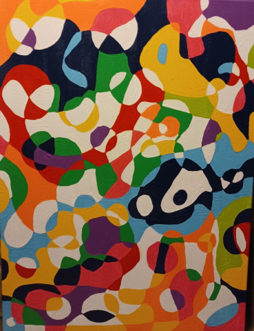 Colorful abstract art utilizing numerous colors, circles, and squiggles.