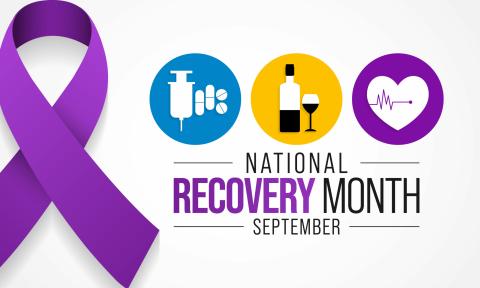 A purple ribbon with clip art of drugs and alcohol and text reading "National Recovery Month - September."