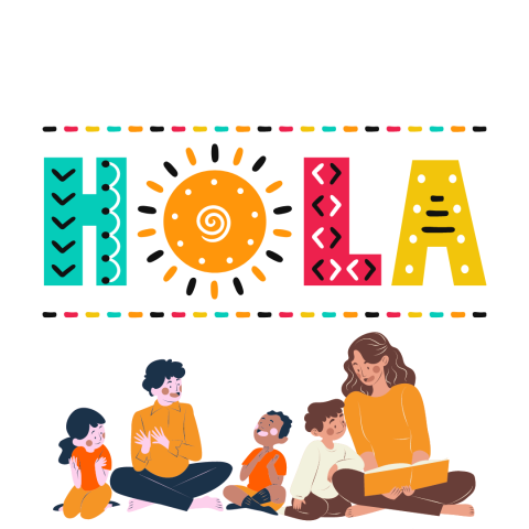 Clip art of diverse children and adults reading with colorful text above reading "Hola."