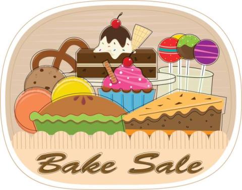 Clip art of pies, cakes, cupcakes, and cakepops with text reading "Bake Sale."