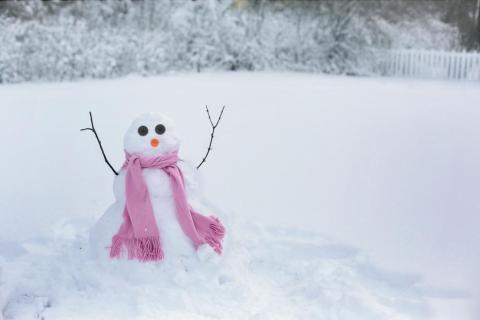 A snowman with 2 raised twig arms and pink scarf