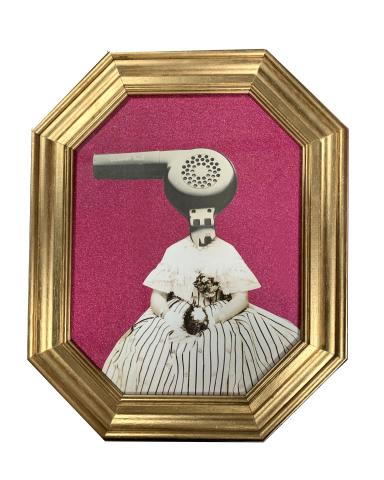 Woman in Victorian dress with hair dryer for head (collage)