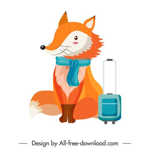 Cartoon fox wearing a scarf is sitting next to a suitcase.