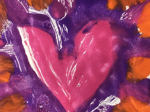 heart monoprint in pink, purple and orange