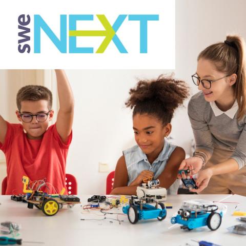 Logo for SWE NEXT with a photo of three kids creating robotic cars.