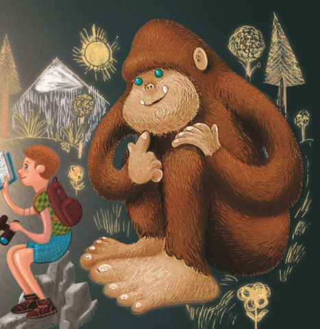 Drawing of backpacker reading book with bigfoot sitting behind listening thoughtfully