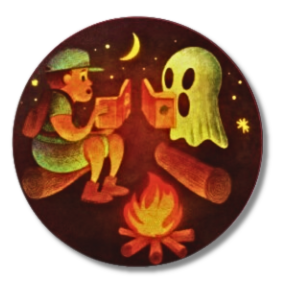 a ghost and a human read stories around a campfire
