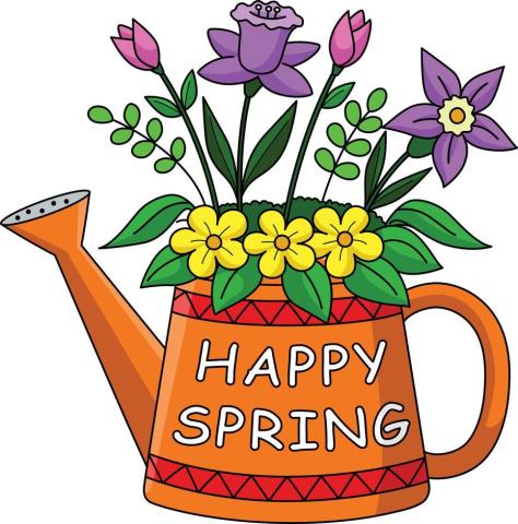 a watering can with the words Happy Spring and flowers inside