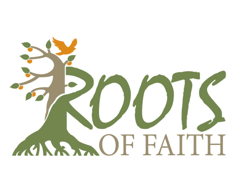 Roots of Faith logo: A tree with deep roots and budding leaves with a bird atop it. The tree forms part of the "R" in roots.