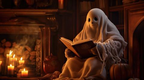 Illustration of a ghost reading a book in a spooky library